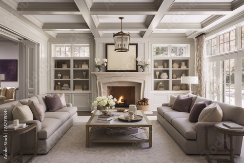 Elegant living room with fireplace, bookshelves, and neutral furnishings in traditional style photo