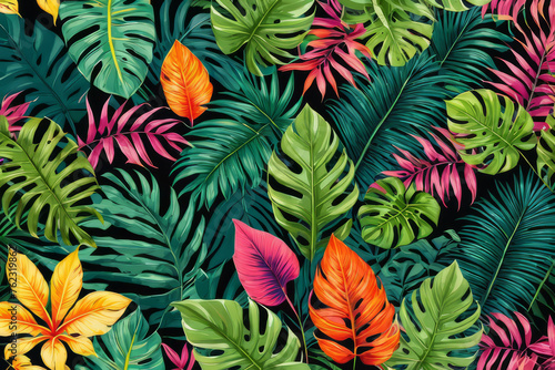 A burst of color and life in the lush jungle setting. Background of leaves.