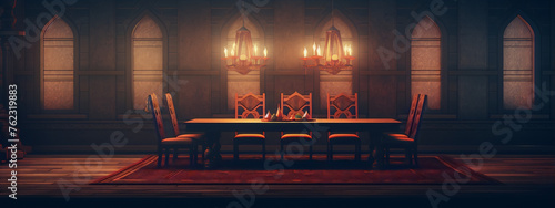 Mystical 3D rendering of a fantasy medieval dining hall with a long wooden table and chairs in a dark, stone room with arched windows and chandeliers.