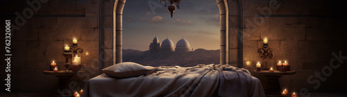 3D rendering of a middle eastern palace interior with a view of the desert and a large bed in the foreground.