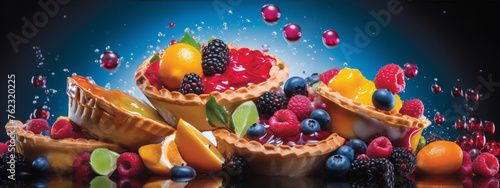 Close-up of a variety of fruit tarts with blueberries, raspberries, and blackberries with a dark blue background. © amsassia
