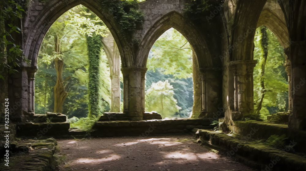 Mystical overgrown ruins of an ancient abbey bathed in soft sunlight