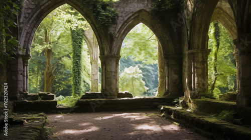 Mystical overgrown ruins of an ancient abbey bathed in soft sunlight photo