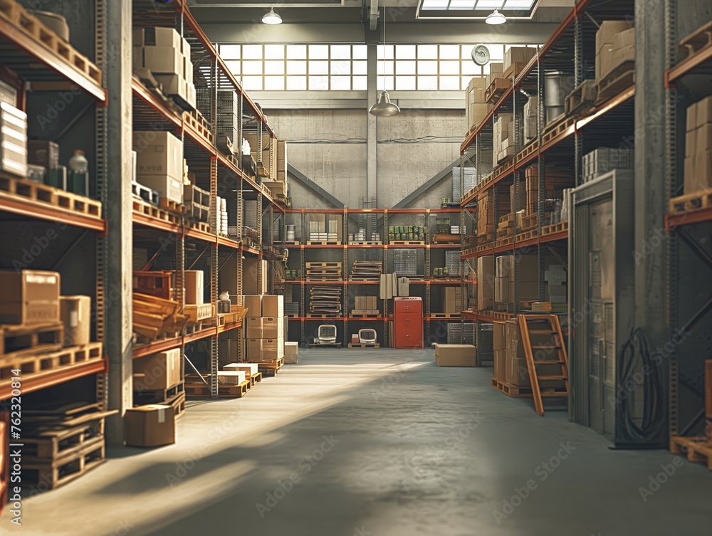A spacious industrial warehouse interior, with tall shelves full of boxes and items, illuminated by natural light from windows above.