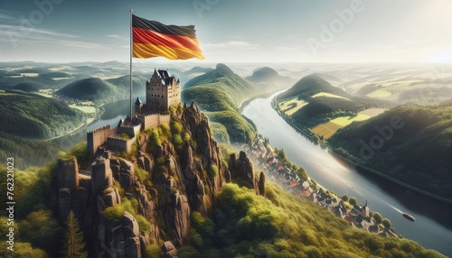 Eine deutsche Burg im Moseltal-Design mit deutscher Flagge photo