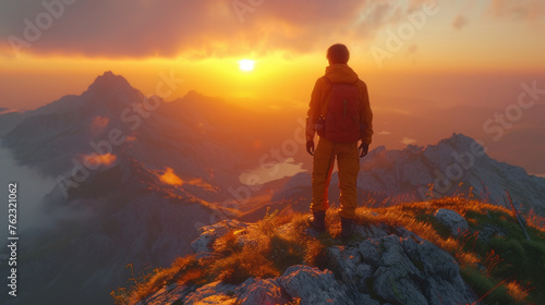 Man Standing on Top of a Mountain at Sunset © easybanana