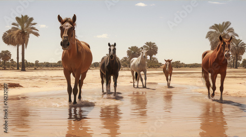 Wild Horses in Desert oasis, Horses, Animals, Nature, Wildlife, Brown, White
