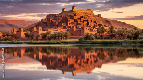 Travel photography of Ait Benhaddou Kasbah in Morocco at sunset with reflection in the river in warm colors photo