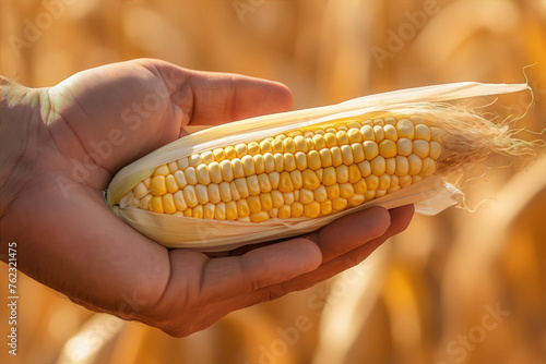 Hand holding an ear of corn in a field of corn.