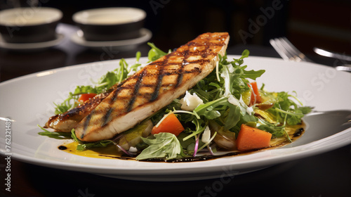 Grilled fish fillet with fresh mixed greens, vegetables and vinaigrette dressing on a white plate. photo