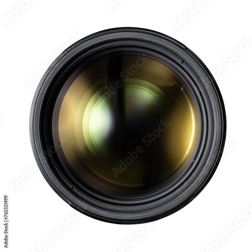Closeup shot of digital camera lens isolated. Front view. Transparent PNG image.