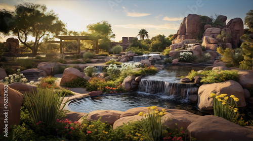 A beautiful landscape with a waterfall  rocks  and flowers in the desert at sunset.