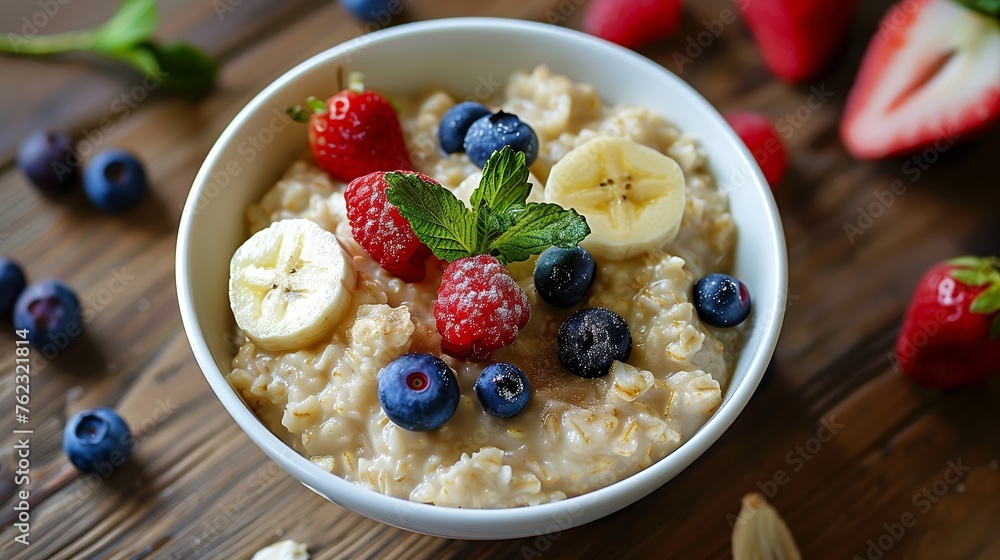 Simple delicious porridge with berries and bananas in a white bowl. Generated by artificial intelligence. Simple delicious porridge with berries and bananas in a white bowl. Generated by artificial intelligence.