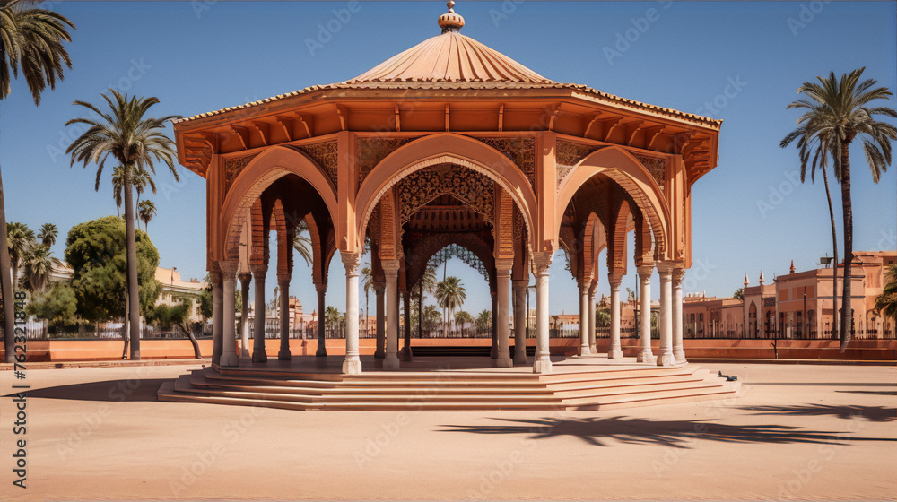 An intricately carved gazebo with a domed roof and ornate columns, surrounded by palm trees.