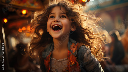 А happy young girl expressing excitement while on the saddle on the carousel horse in the amusement park, birthday, holiday, happy childhood, joy, generative AI