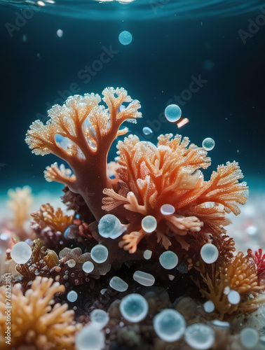 Microplastics And Coral Floating In Water  Closeup