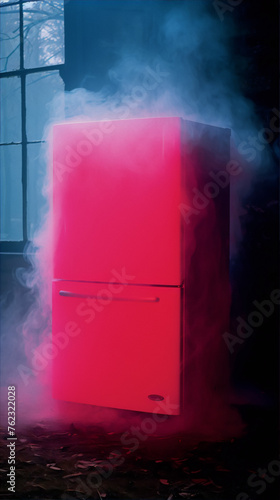 A photo of a pink fridge in the middle of a dark room with a blue light shining on it. © amsassia