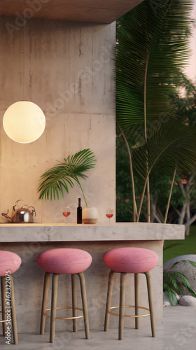 Luxury pink bar stools in a tropical setting with palm trees © amsassia