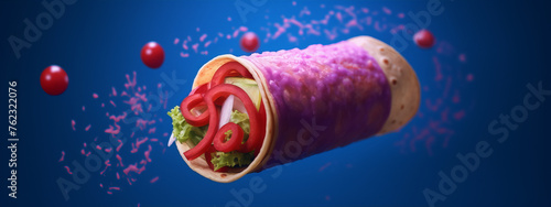 Purple tortilla wrap with red and green vegetables inside on blue background © amsassia