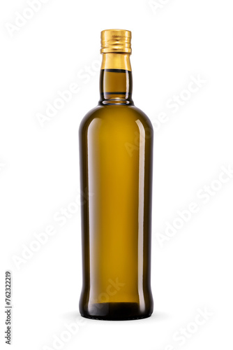 Olive oil dark green glass bottle sealed with a gold cap isolated. Transparent PNG image.