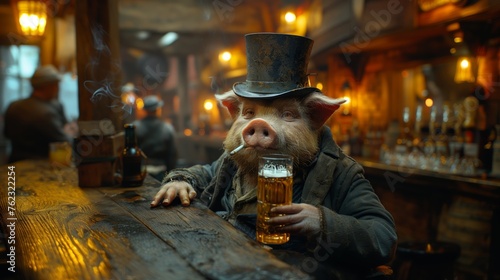 fat pig sitting in a bar with a glass of beer .Generative AI