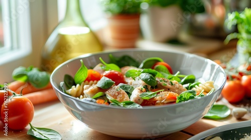 Bowl of fresh chicken salad, pasta, baby spinach and cherry tomatoes, decorated with vegetables and olive oil. Generated by artificial intelligence.