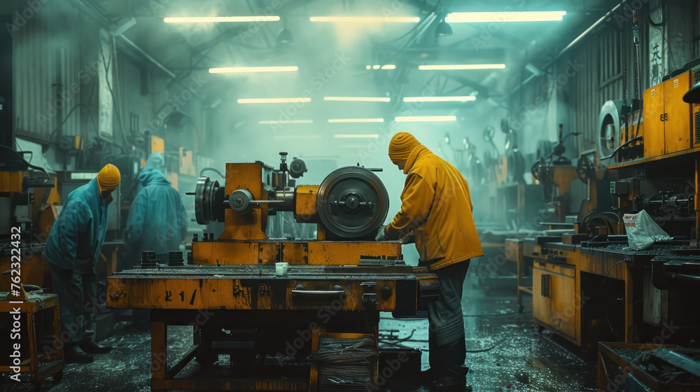 Men Working on Machinery in Factory Men Working on Machinery in Factory
