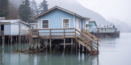 Misty waterfront houses on stilts. Quiet harbor scene.