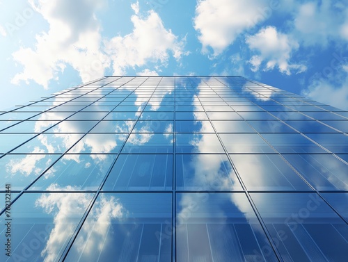 Low angle view of a contemporary skyscraper with a glass exterior reflecting clouds and blue sky.