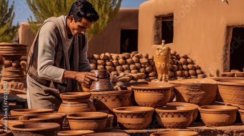 Artisan pottery making clay pots and bowls in the hot sun
