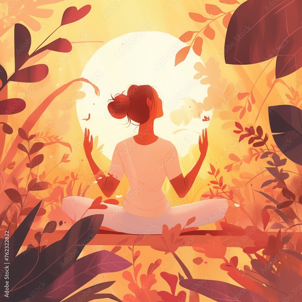 Tranquil yoga session in a sun-kissed floral setting, embracing calm and mindfulness Tranquil yoga session in a sun-kissed floral setting, embracing calm and mindfulness