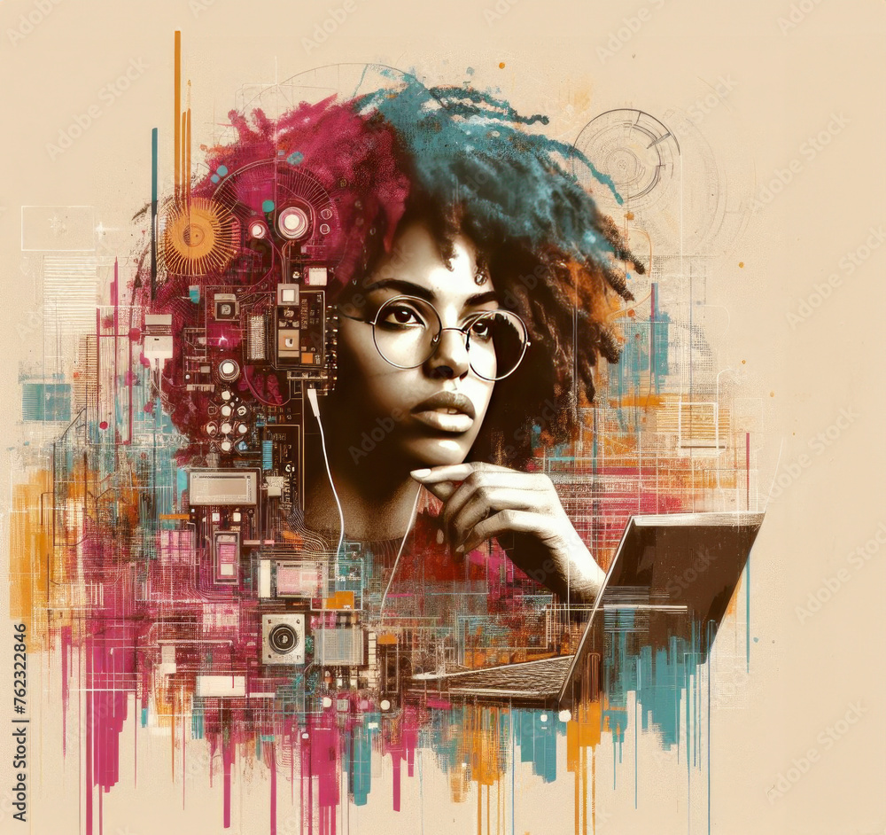 a mixed media portrait of a female african american computer programmer, digital art, screen print, wheat paste poster