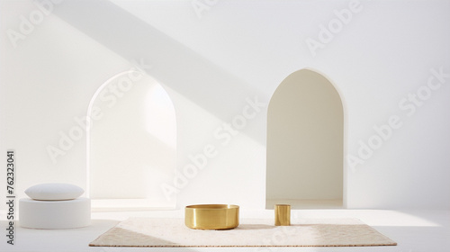 3D rendering  interior design  minimalist  white  arches  podium  rug  bowl  cup  sunlight  shadow  neutral colors