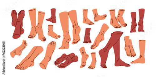 Human foot set. Bare feet, barefoot legs, naked heels, toes, ankles, front and back view, in relaxing, standing, stepping, walking stances, poses. Vector illustrations isolated on white background