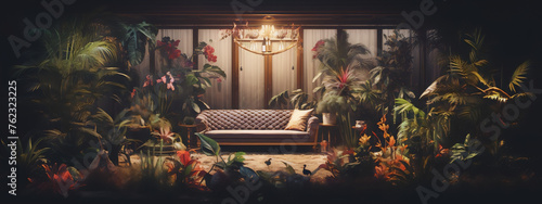 Surrealism painting of a living room with a sofa in a lush overgrown indoor garden with bright flowers and plants. photo
