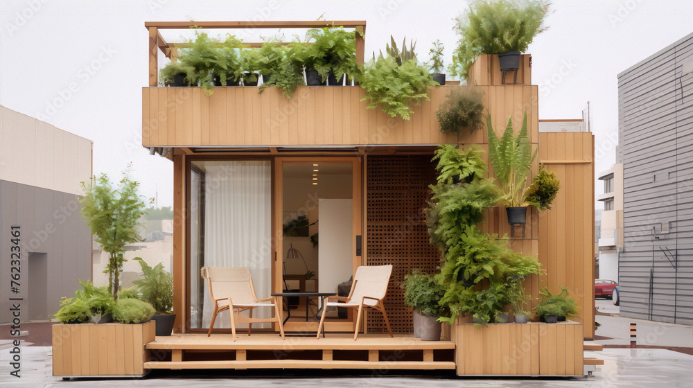 Small wooden house exterior with lots of plants and greenery all around
