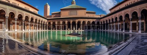 The image is of a courtyard with a reflecting pool in the middle. The courtyard is surrounded by a walkway with arches and columns. The architecture is in the Moorish style. The colors are blue, gree