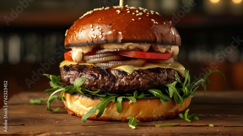 Gourmet Burger: Photograph of a gourmet burger with premium ingredients like Wagyu beef, artisanal cheese, arugula, caramelized onions, and truffle aioli photo