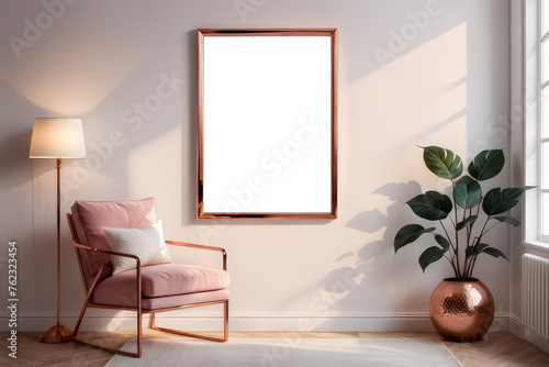 Rose gold colored frame mockup  on wall  with flower vase  lamp and chair  soft lighting  Blank Photo frame mockup  Luxury minimal Frame mockup  for art display listing  in a living room