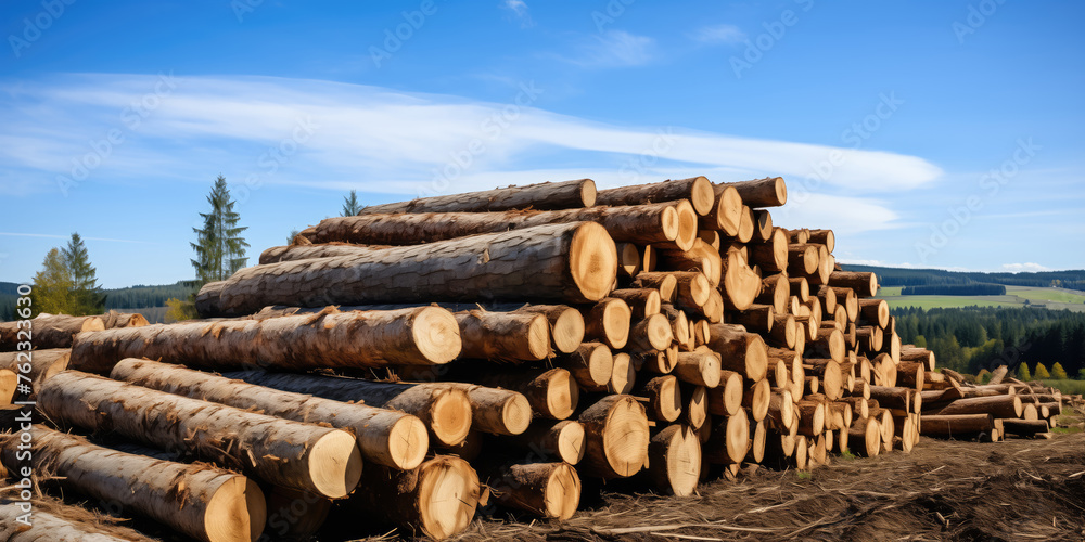 Large stack of freshly cut logs ready for transportation in a forest clearing Large stack of freshly cut logs ready for transportation in a forest clearing