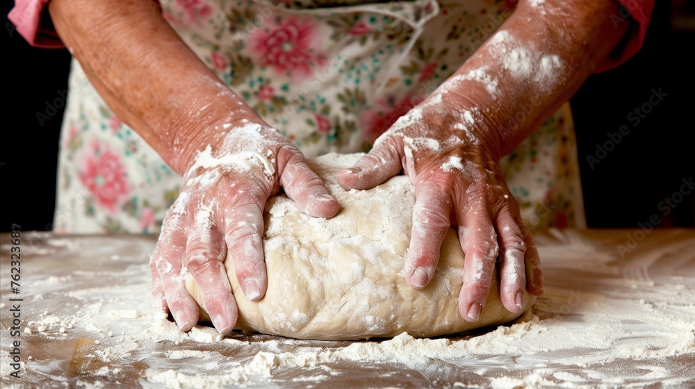 Artisan baker kneading dough with care in a rustic kitchen