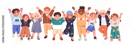 Happy children group. Cute diverse cheerful kids celebrating with hands up. Joyful excited kindergarten friends, little girls and boys. Flat graphic vector illustration isolated on white background © Good Studio