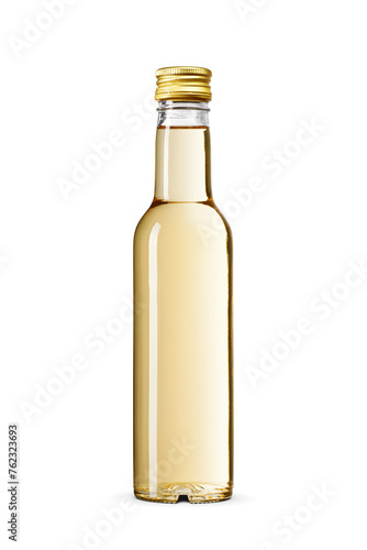 Foto Small glass rice vinegar bottle with metal screw cap isolated