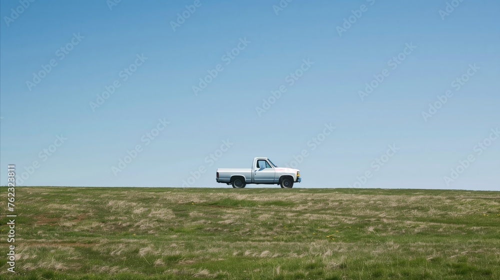 White truck parked on a grassy field under clear blue sky White truck parked on a grassy field under clear blue sky