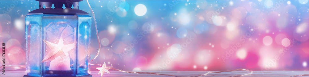 Blue glowing lantern with a star-shaped candle inside on a wooden table against a blurred background of blue and pink lights. Blue glowing lantern with a star-shaped candle inside on a wooden table against a blurred background of blue and pink lights.