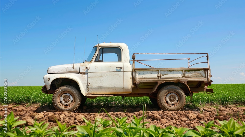 White truck parked in a green countryside field