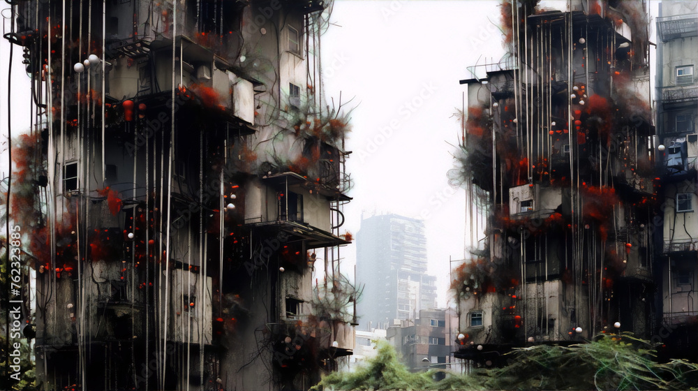 Futuristic overgrown city with red plants and white balloons in a foggy atmosphere