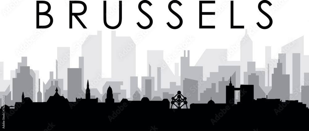 Obraz premium Black cityscape skyline panorama with gray misty city buildings background of BRUSSELS, BELGIUM