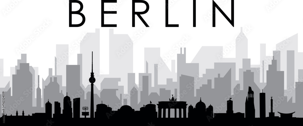 Black cityscape skyline panorama with gray misty city buildings background of BERLIN, GERMANY