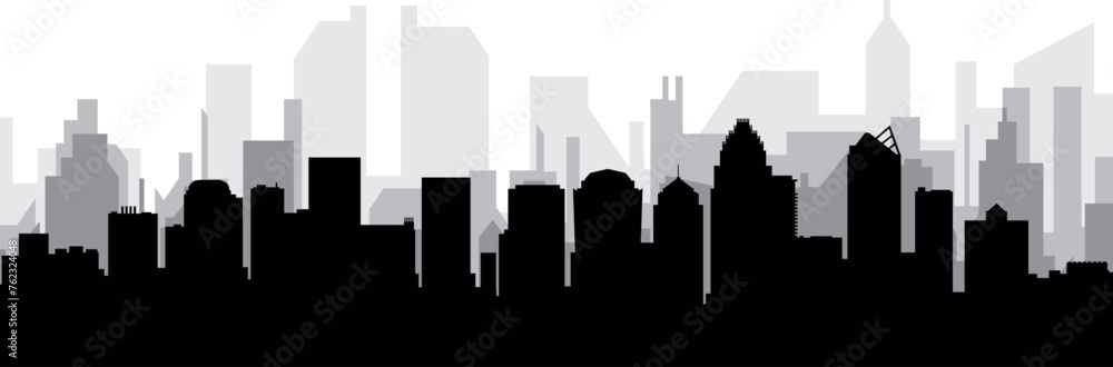 Black cityscape skyline panorama with gray misty city buildings background of CHARLOTTE, USA